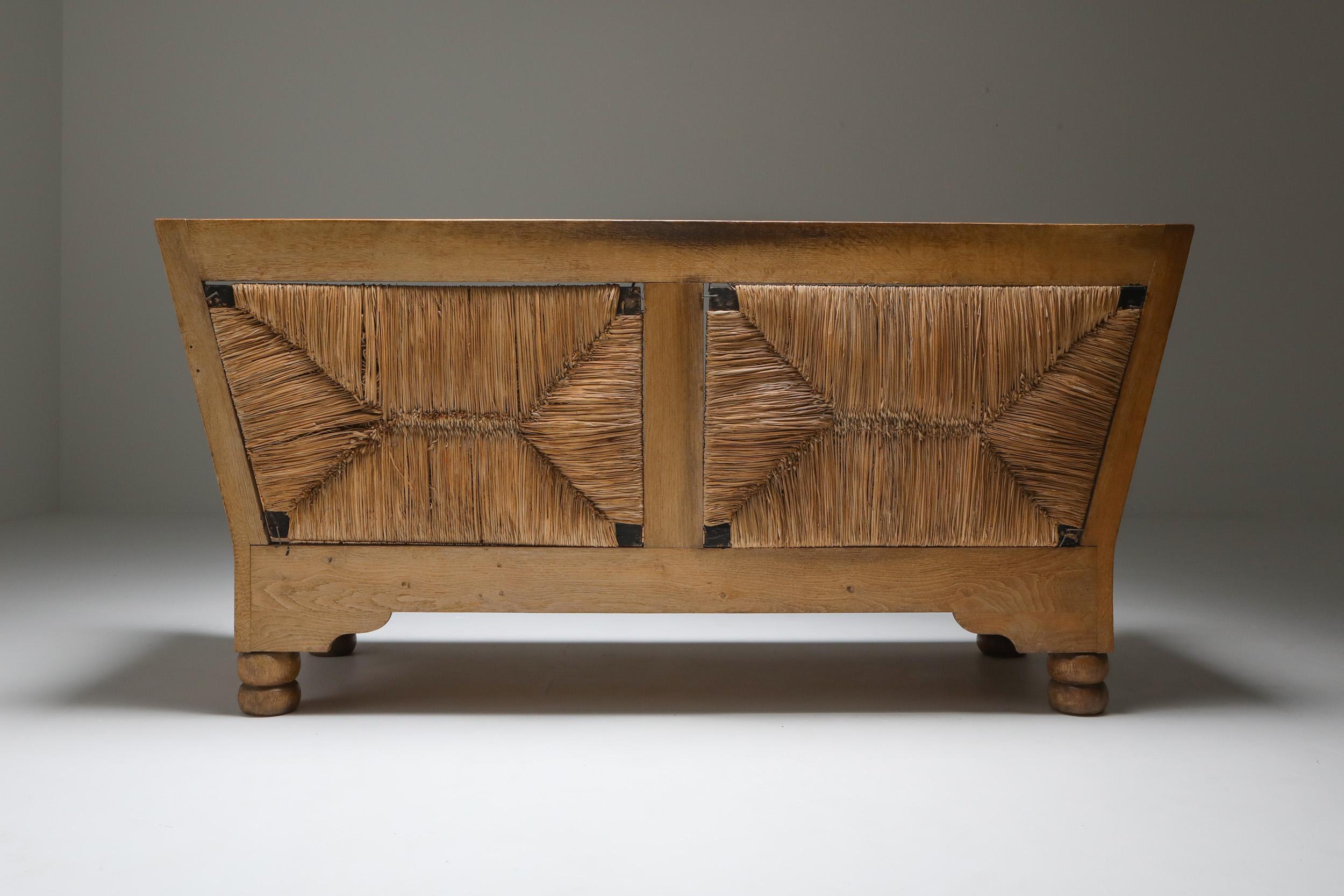 European Scandinavian Arts & Crafts Sofa Bench in Oak and Straw