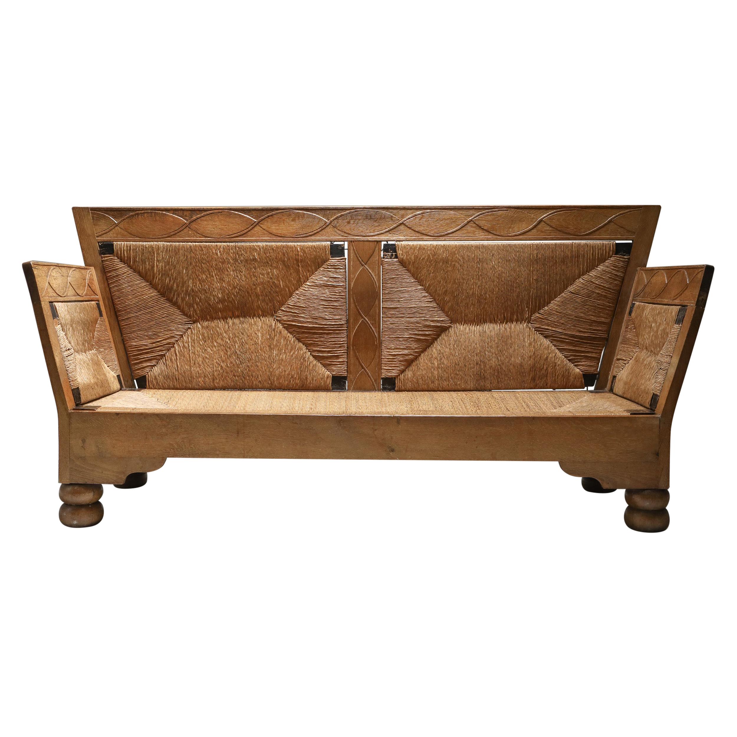Scandinavian Arts & Crafts Sofa Bench in Oak and Straw