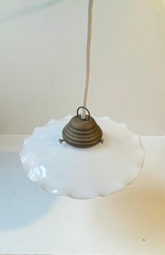 Scandinavian Ballerina Pendant Lamp w. Pleaded White Opaline Glass Shade, 1920s