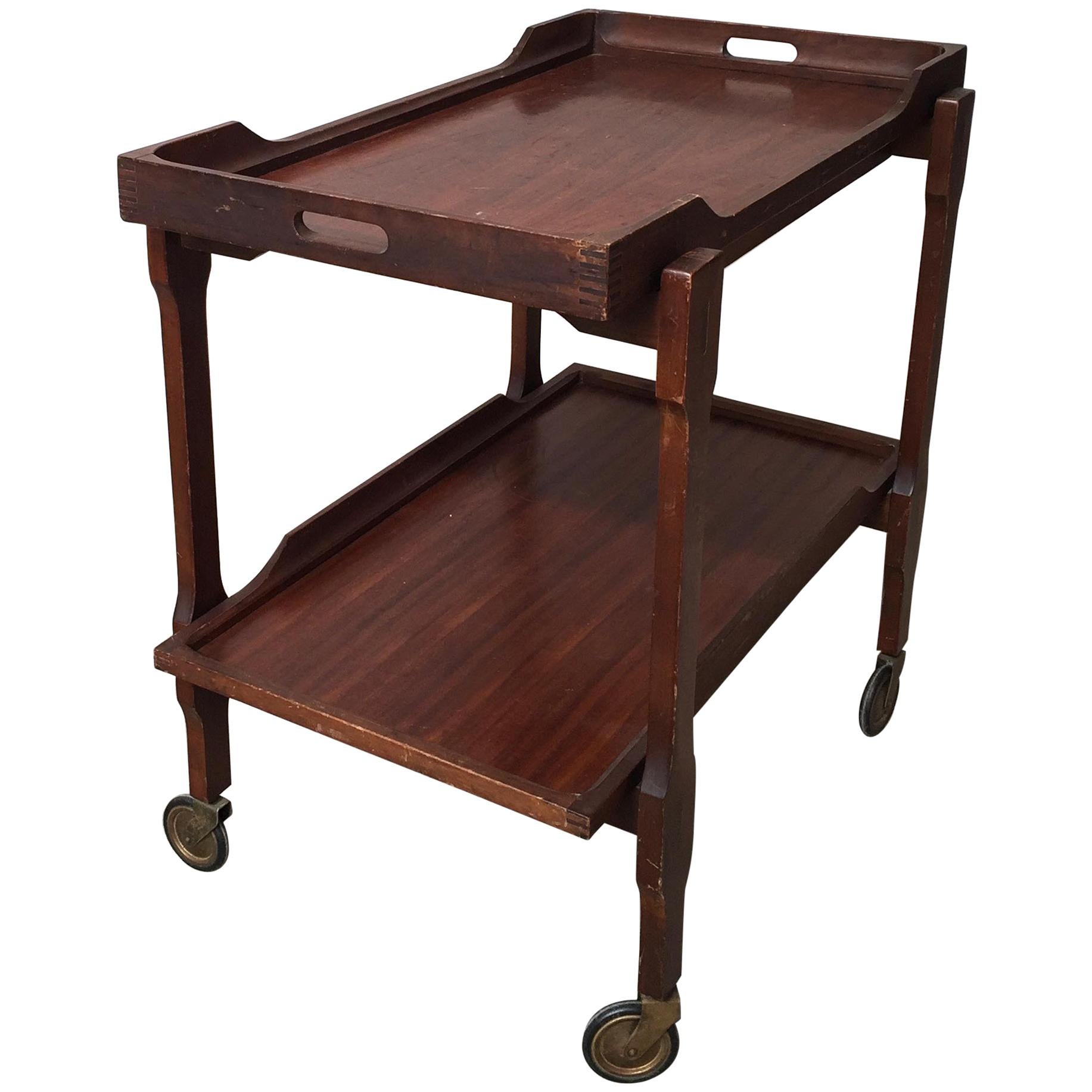 Scandinavian Bar Cart or Trolley in Mahogany Wood with Removable Tray, 1950s For Sale