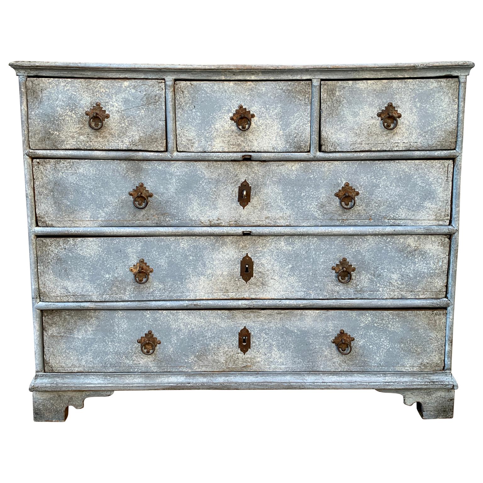 A mid-18th century Swedish or Danish painted 6 drawers chest with original iron handles and locks. The simplicity of the Scandinavian Folk Art style 