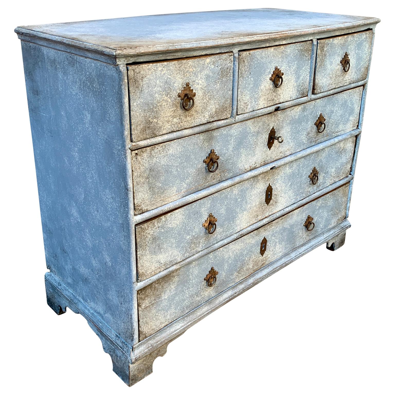 18th Century Scandinavian Baroque 18th Chest of Drawers Blue Painted