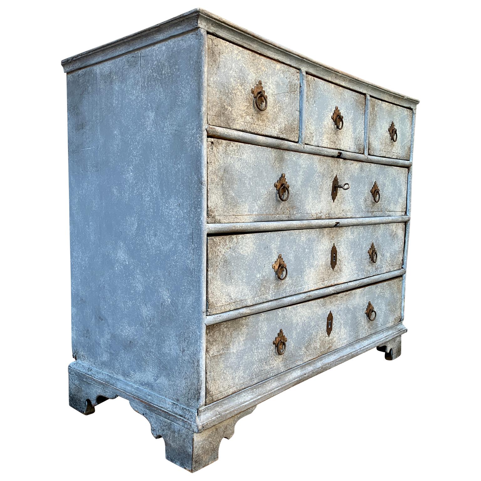 Hand-Crafted Scandinavian Baroque 18th Chest of Drawers Blue Painted