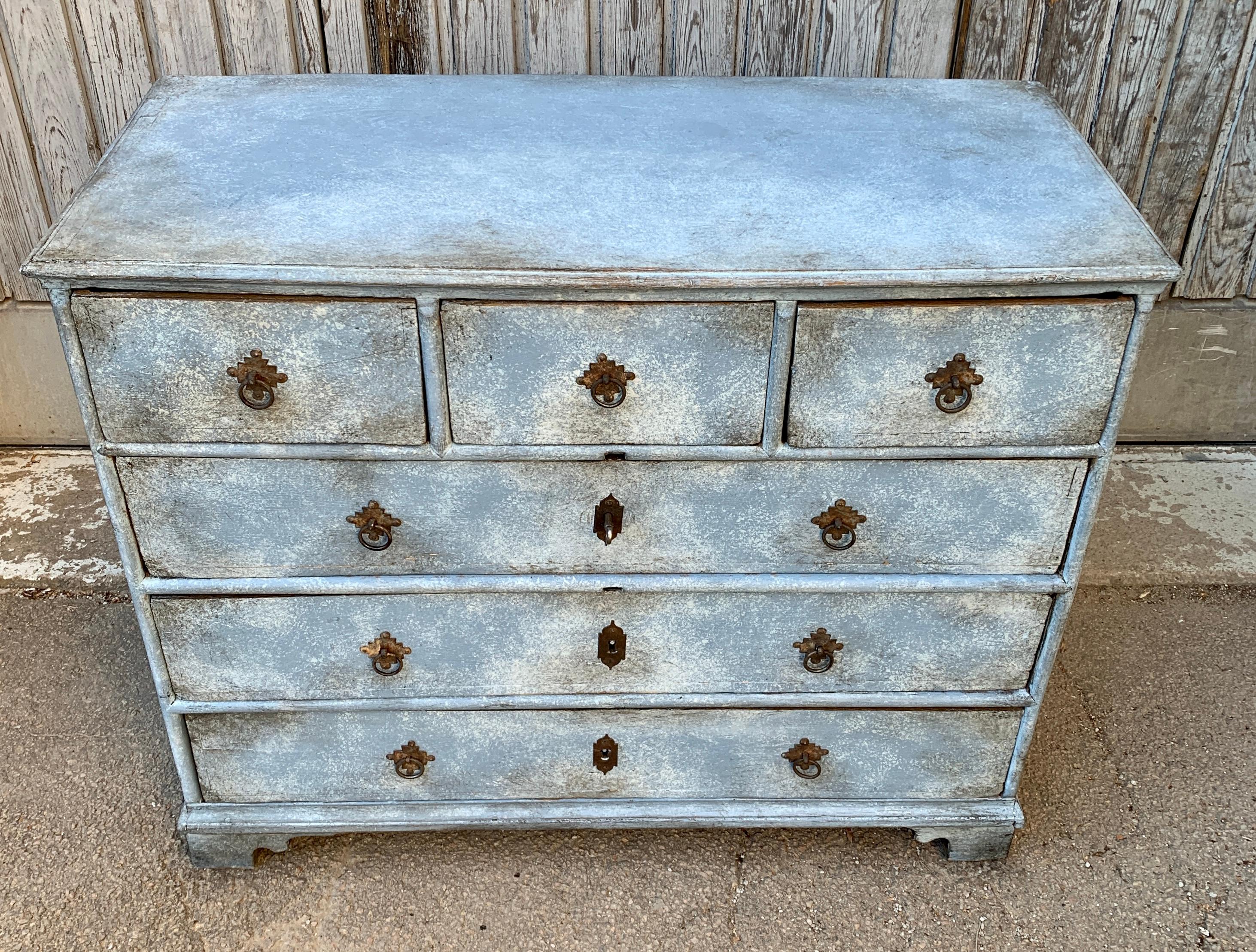 Iron Scandinavian Baroque 18th Chest of Drawers Blue Painted