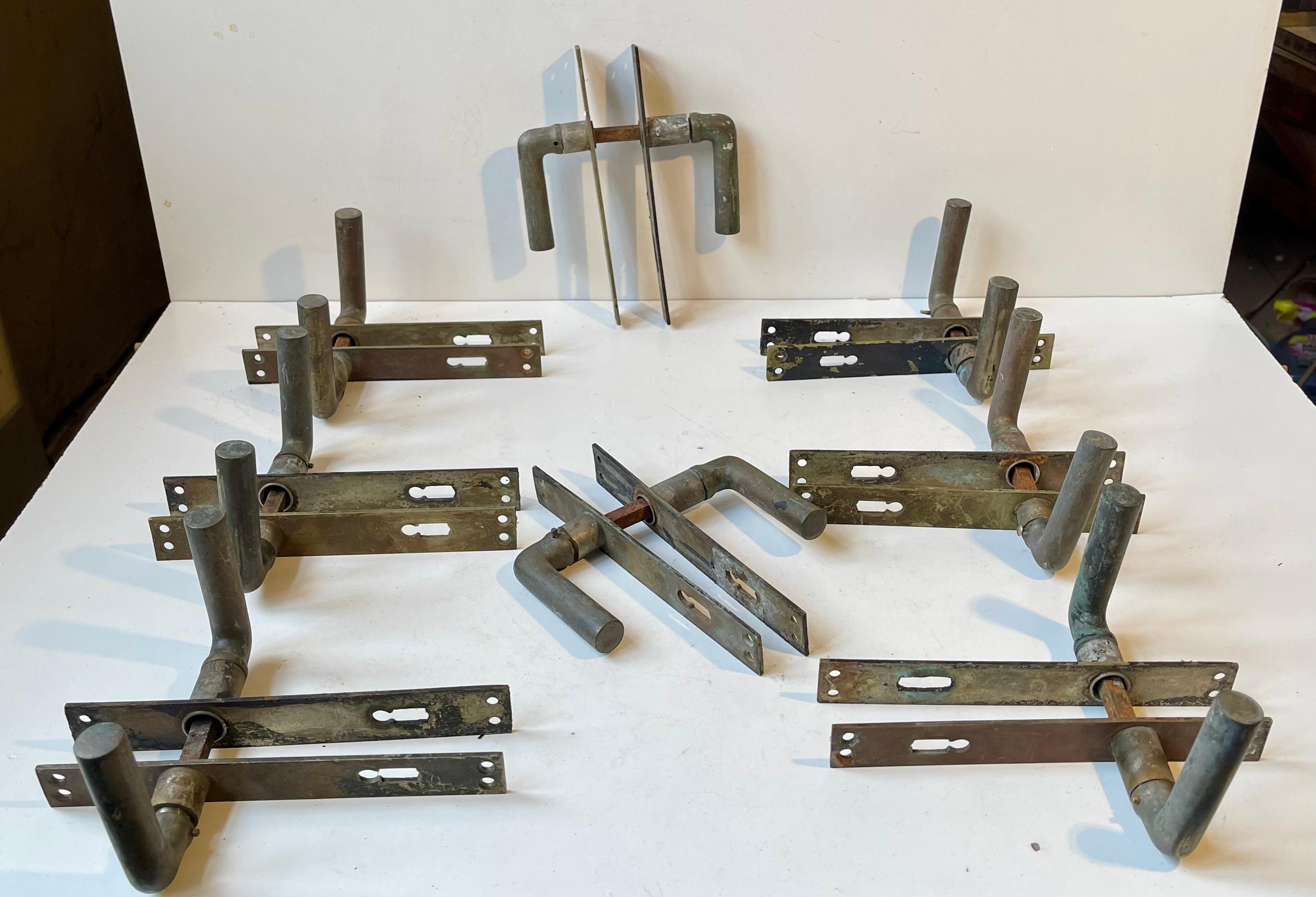 Metal Scandinavian Bauhaus State Building Door Handles in Brass, 1930s, 8 Sets For Sale
