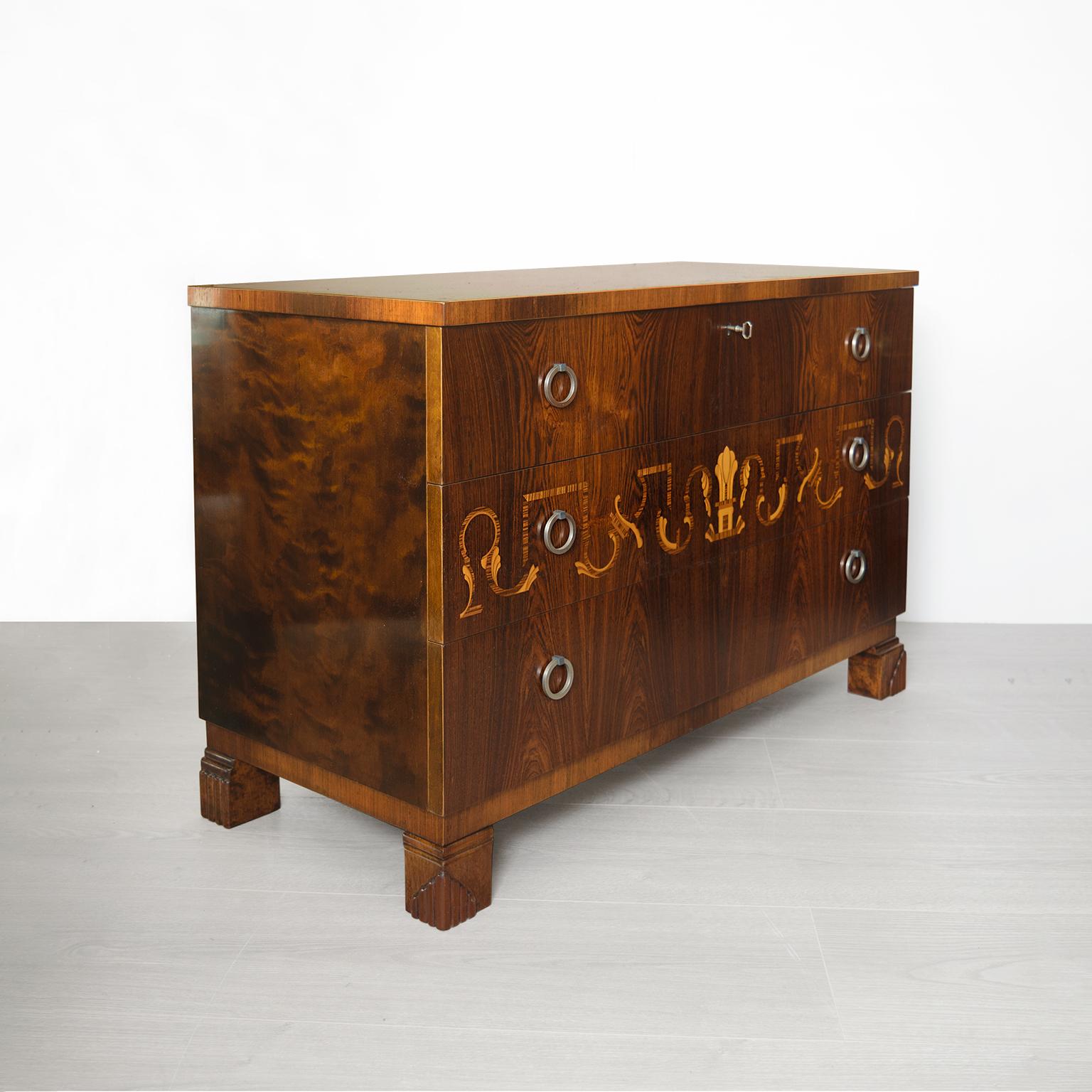 Scandinavian Modern Scandinavian Bengt Lindeqrantz Rosewood Marquetry Chest with Meander Motif