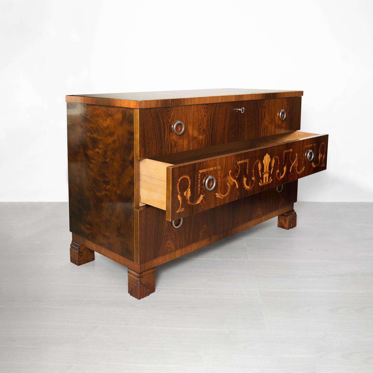 Scandinavian Bengt Lindeqrantz Rosewood Marquetry Chest with Meander Motif In Good Condition In New York, NY