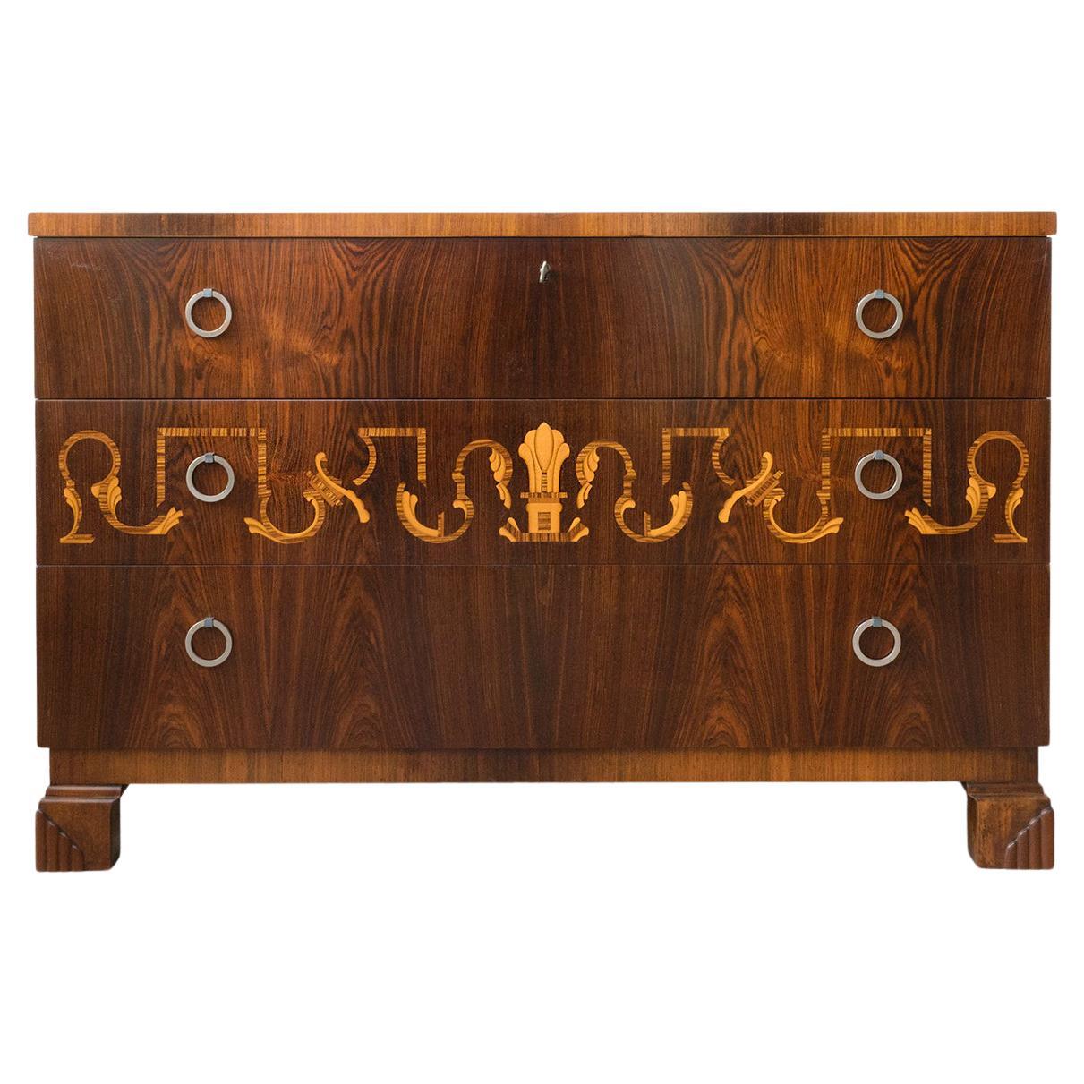 Scandinavian Bengt Lindeqrantz Rosewood Marquetry Chest with Meander Motif