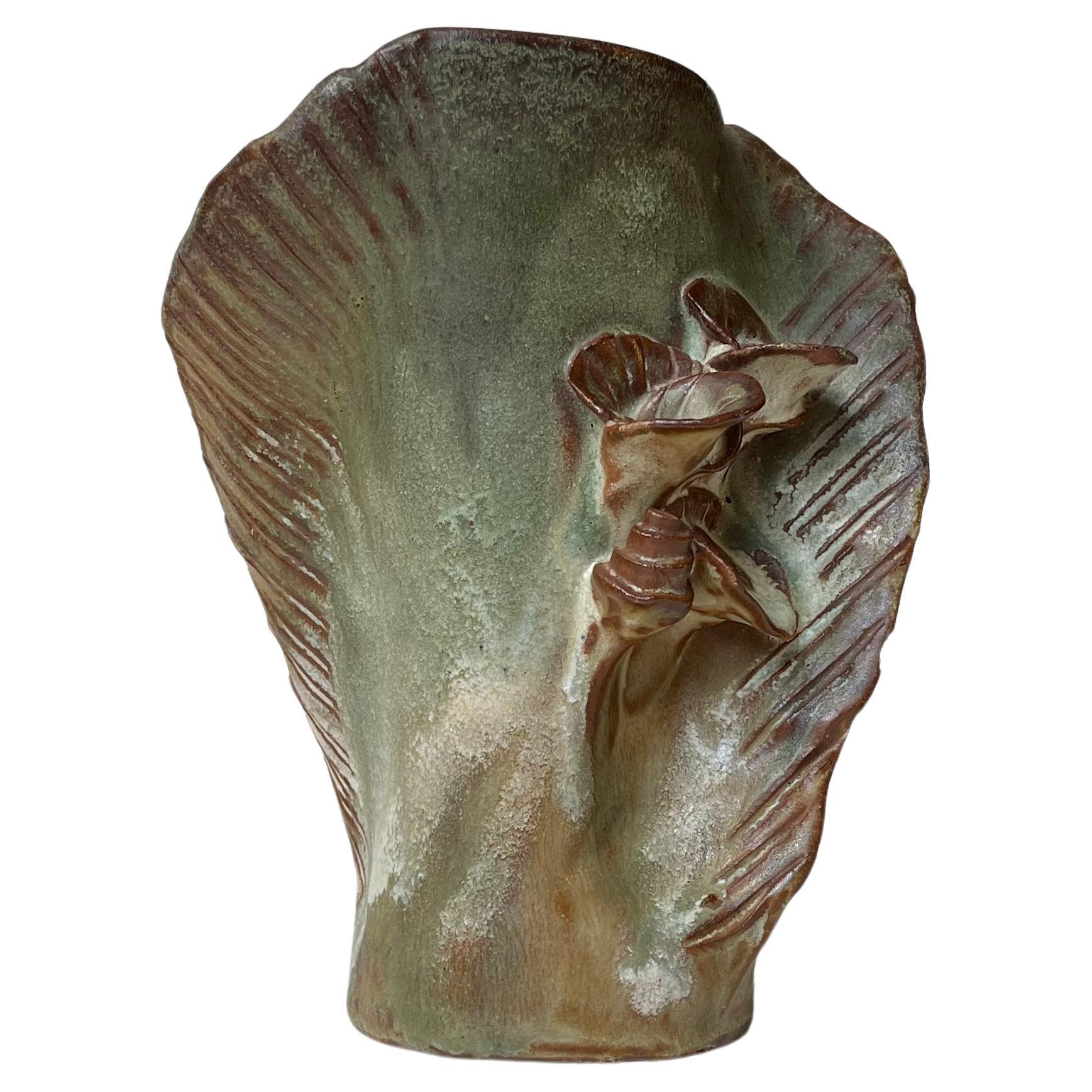 Scandinavian Biomorphic Ceramic Vase in Green Glaze