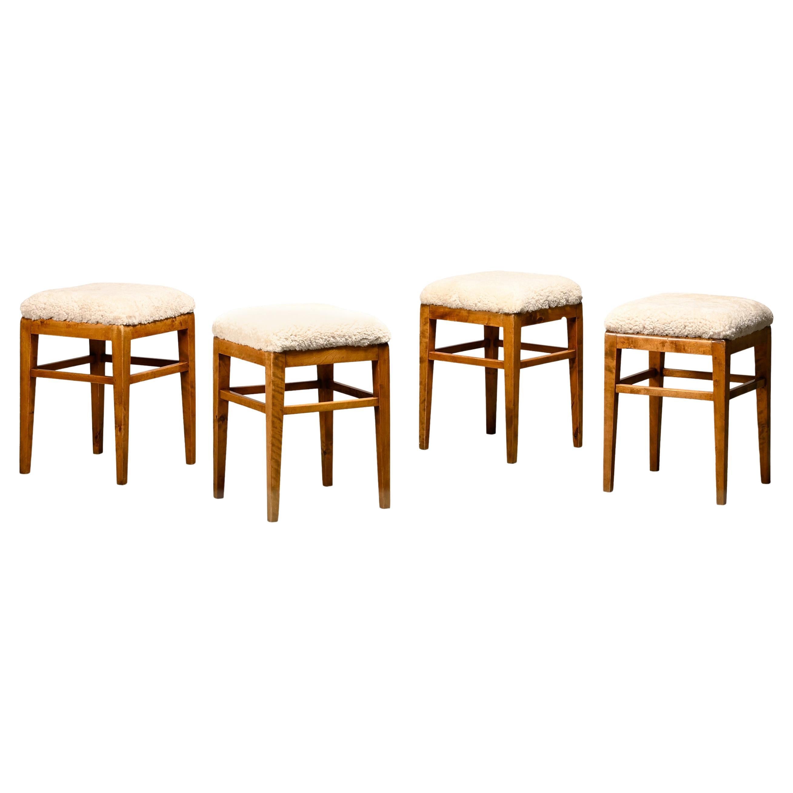 Scandinavian birch stools with light sheepskin seats, 1930s en vente