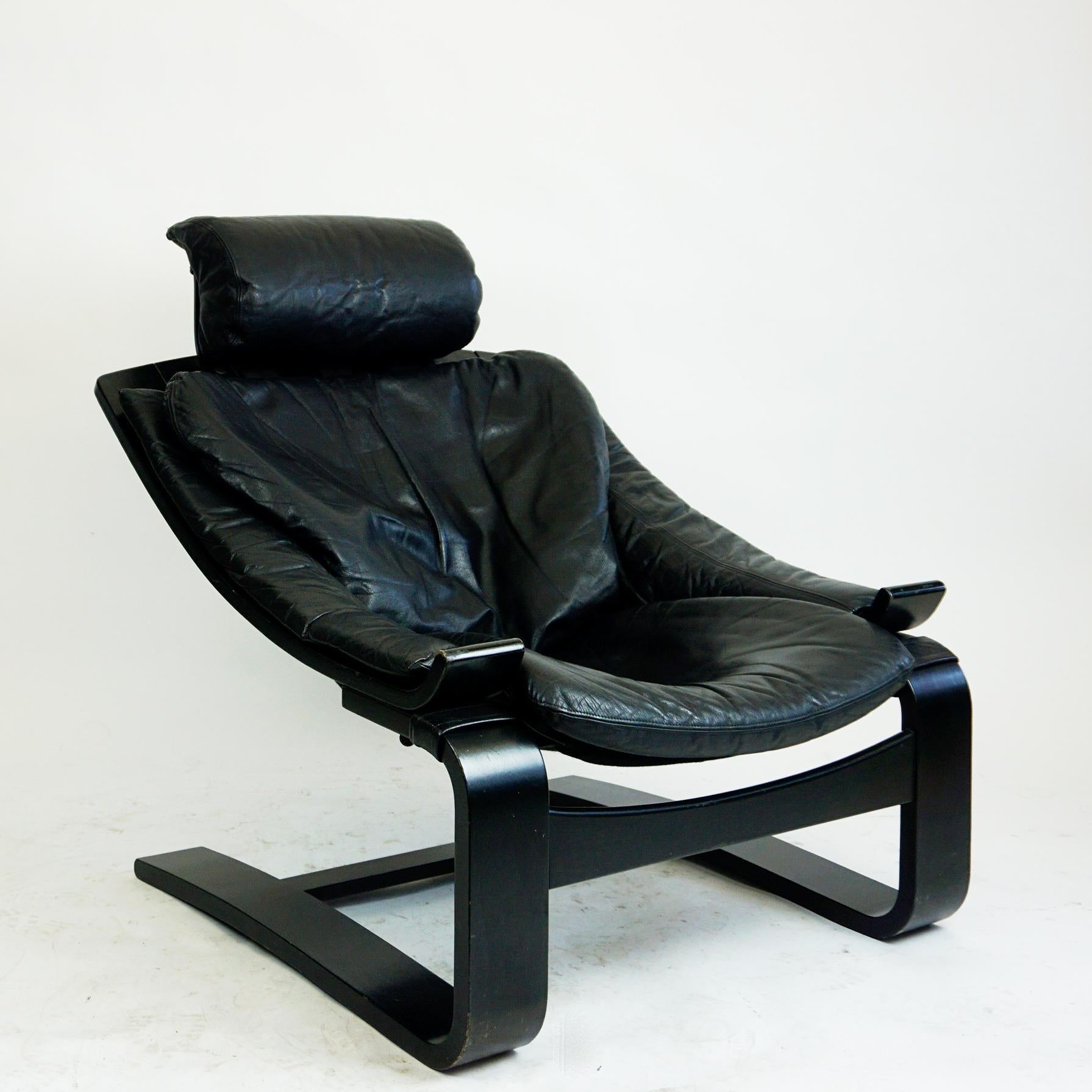 Scandinavian Modern Scandinavian Black Leather Kroken Lounge Chair by Ake Fribytter for Nelo Sweden