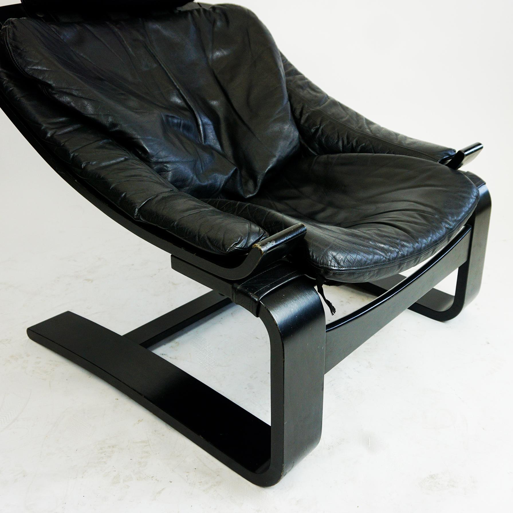 Swedish Scandinavian Black Leather Kroken Lounge Chair by Ake Fribytter for Nelo Sweden
