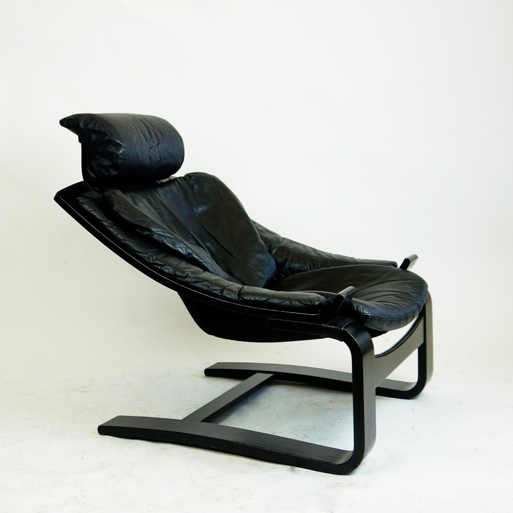 Lacquered Scandinavian Black Leather Kroken Lounge Chair by Ake Fribytter for Nelo Sweden