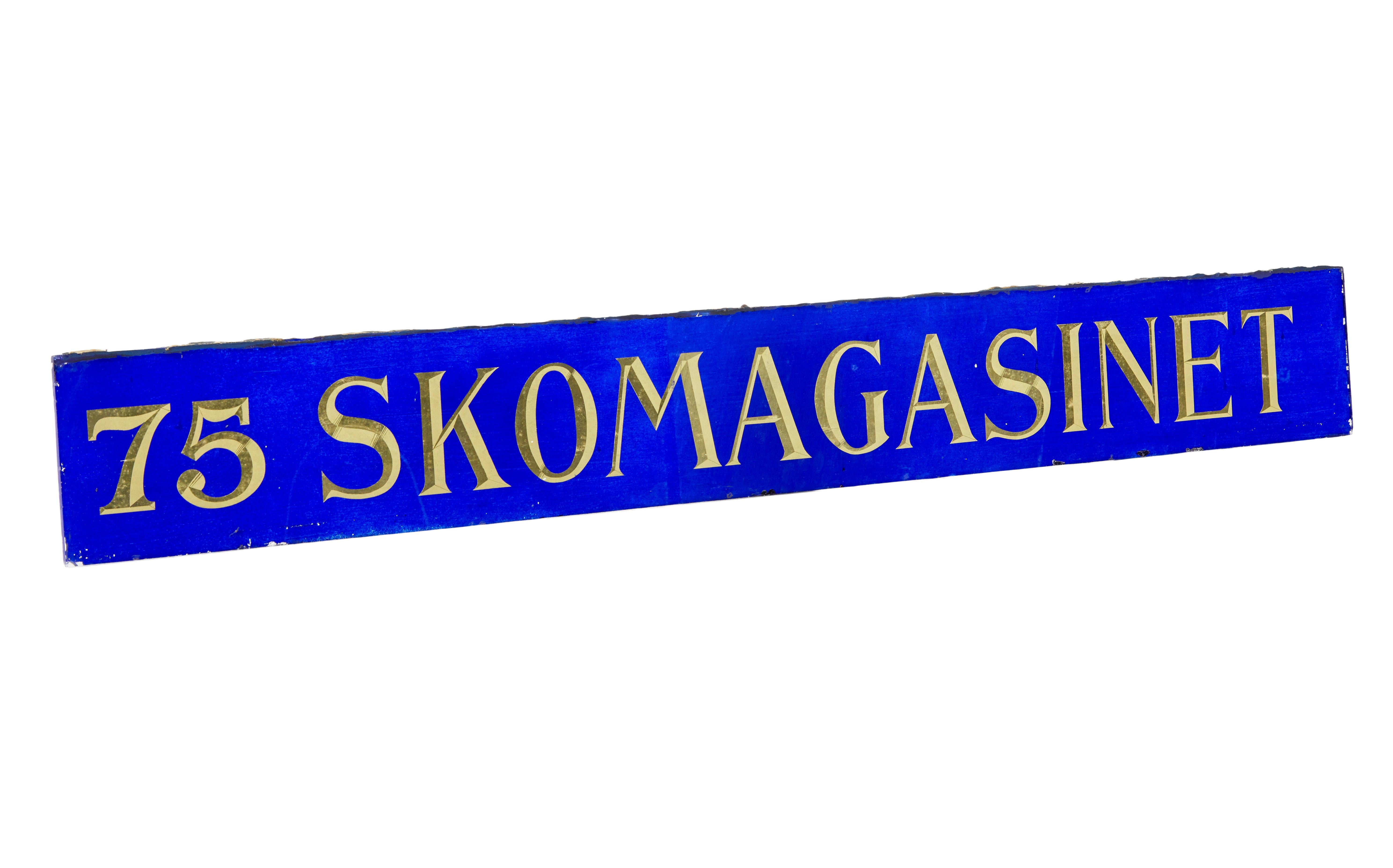 Scandinavian blue glass and gold boutique shoe shop sign (Edwardian) im Angebot