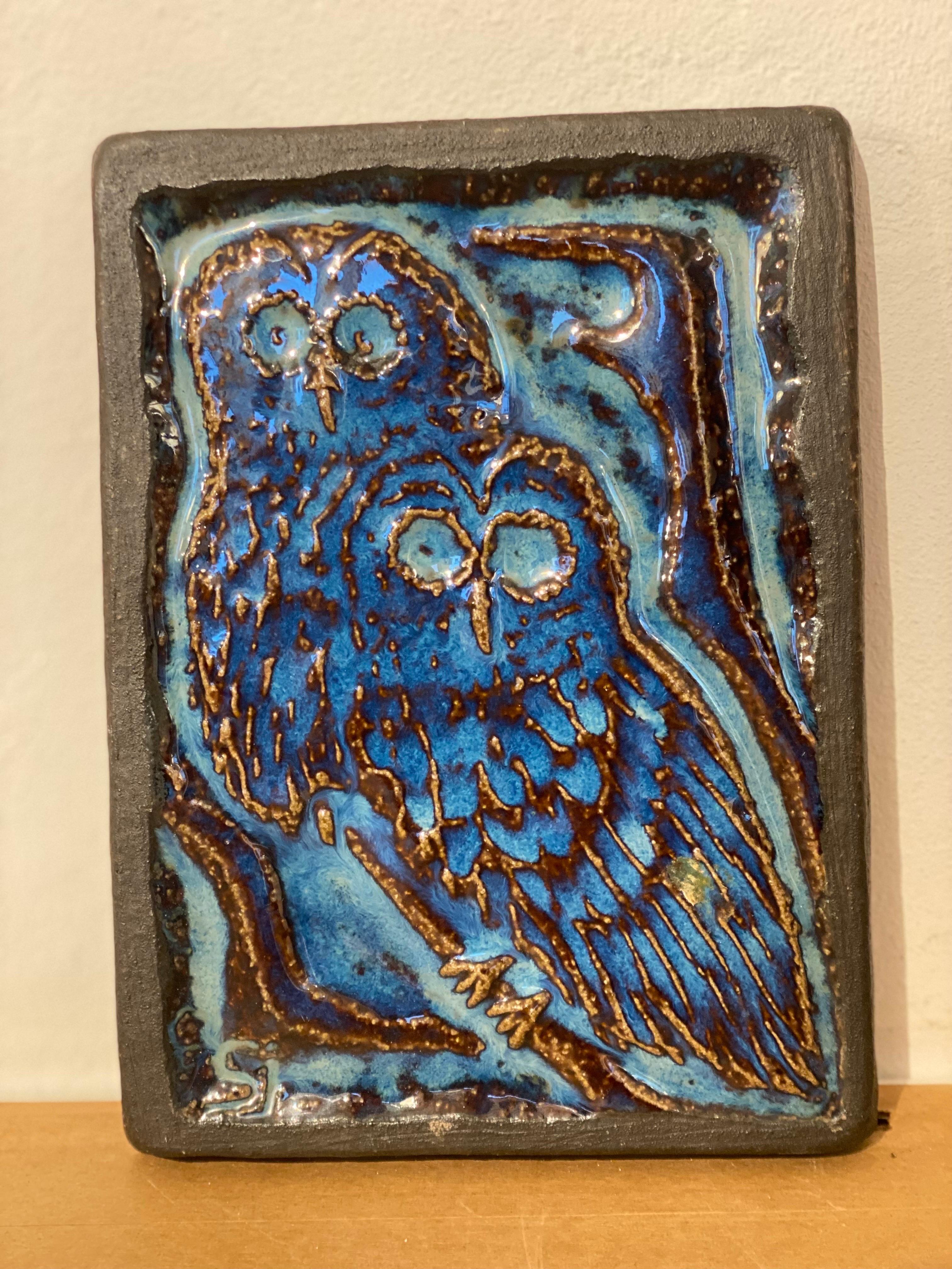 Scandinavian Blue Glazed Owl Ceramic Relief by Svend Åage Jensen for Søholm In Good Condition For Sale In Antwerp, BE