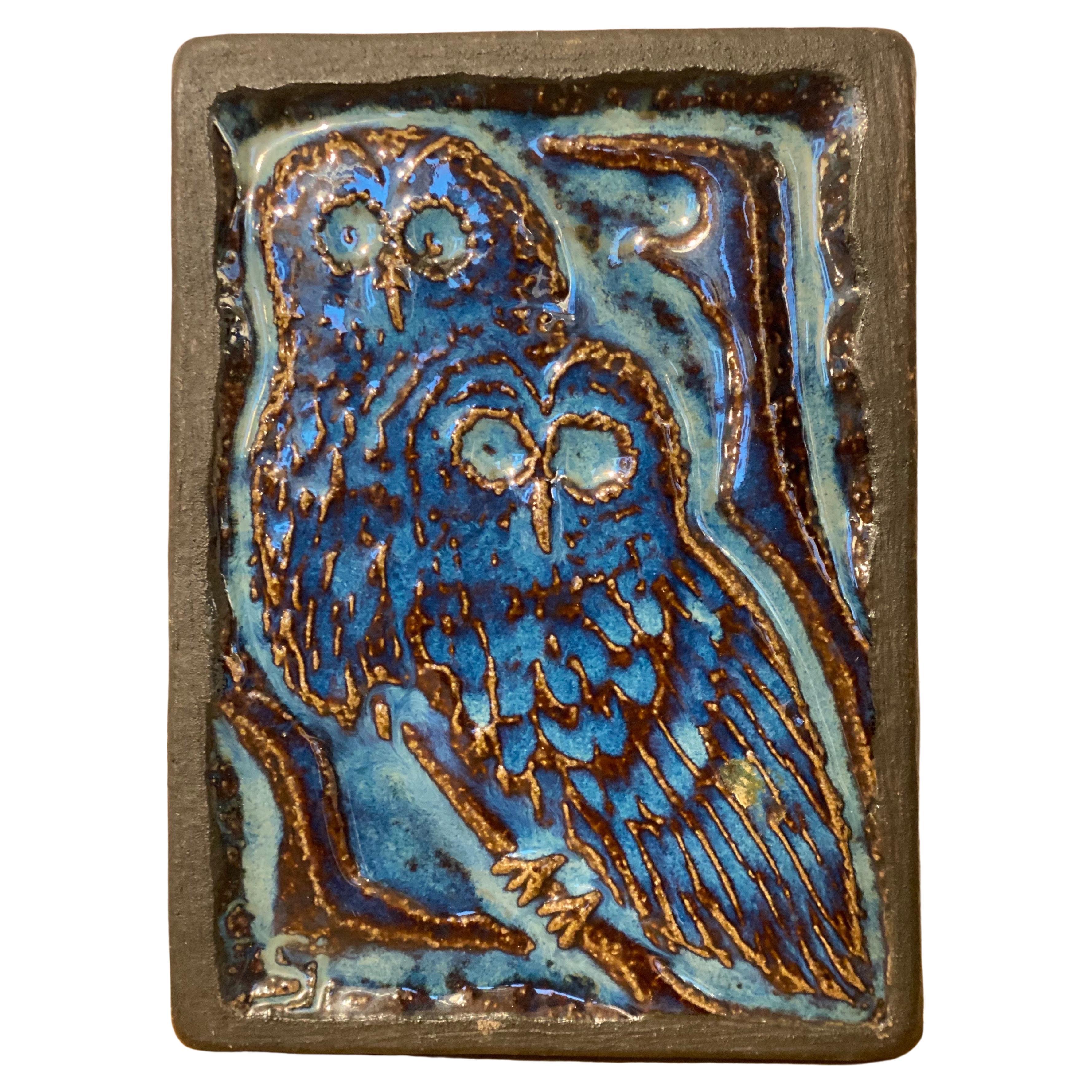 Scandinavian Blue Glazed Owl Ceramic Relief by Svend Åage Jensen for Søholm For Sale