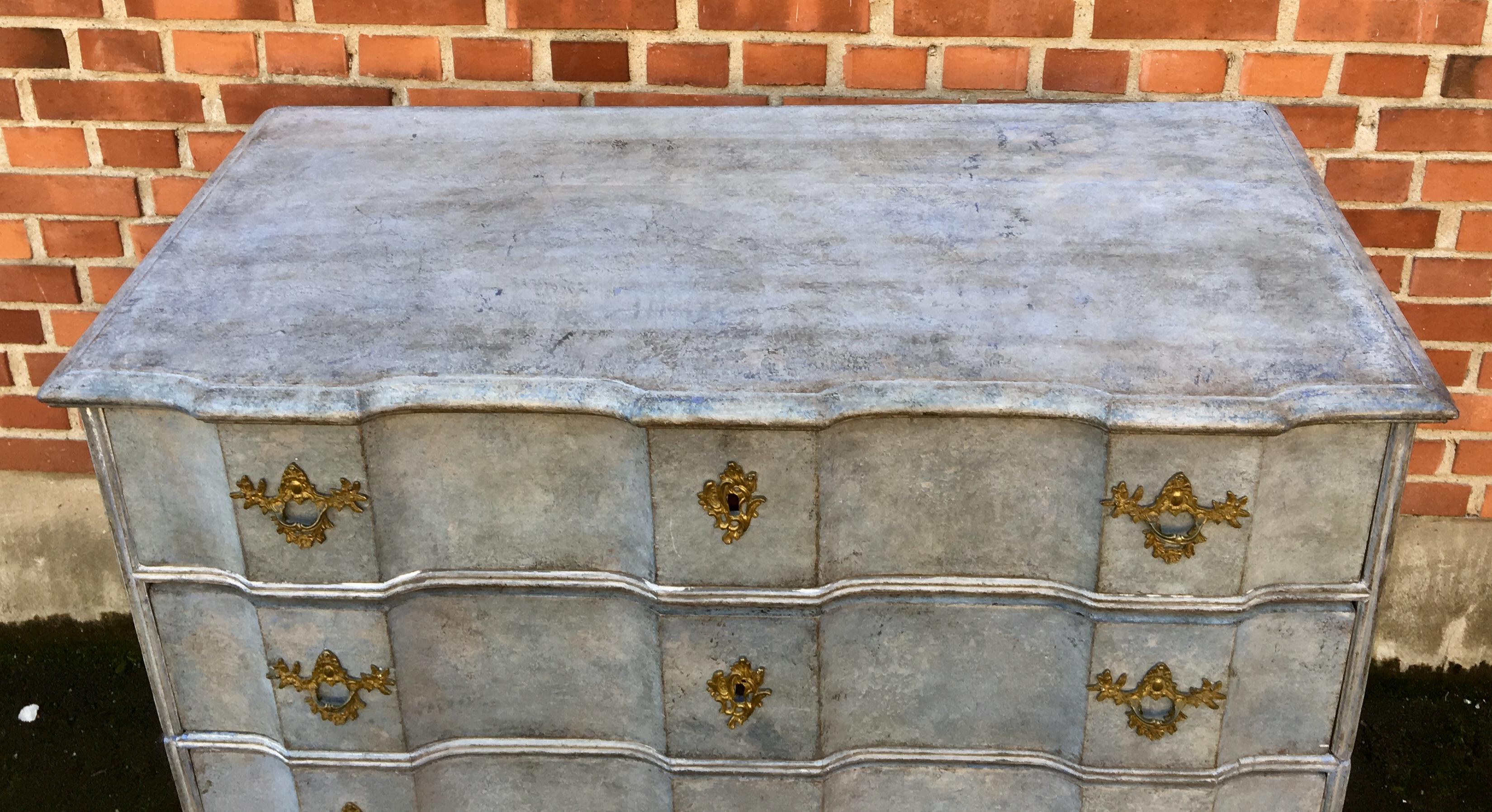 Oak Scandinavian Blue Painted Baroque Chest of Drawers, 18th Century 
