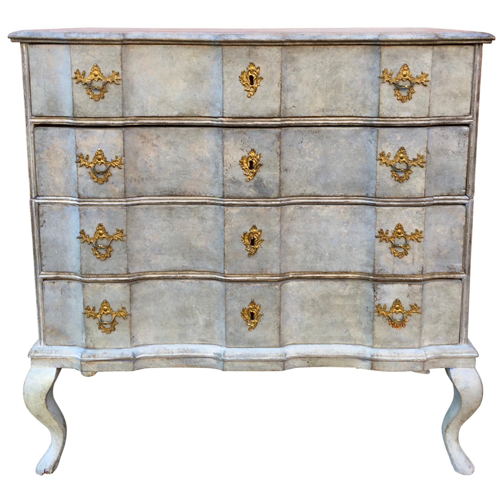 Scandinavian Blue Painted Baroque Chest of Drawers, 18th Century 