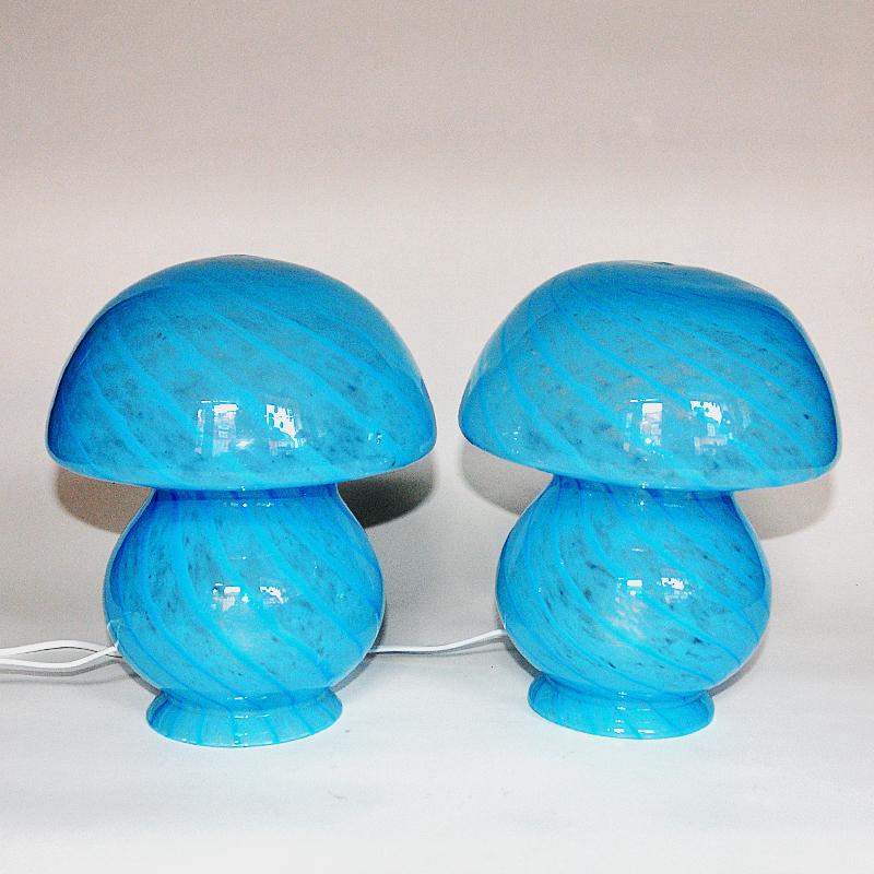 Scandinavian Modern Scandinavian Blue pair of Mushroom glass table lamps 1970s For Sale