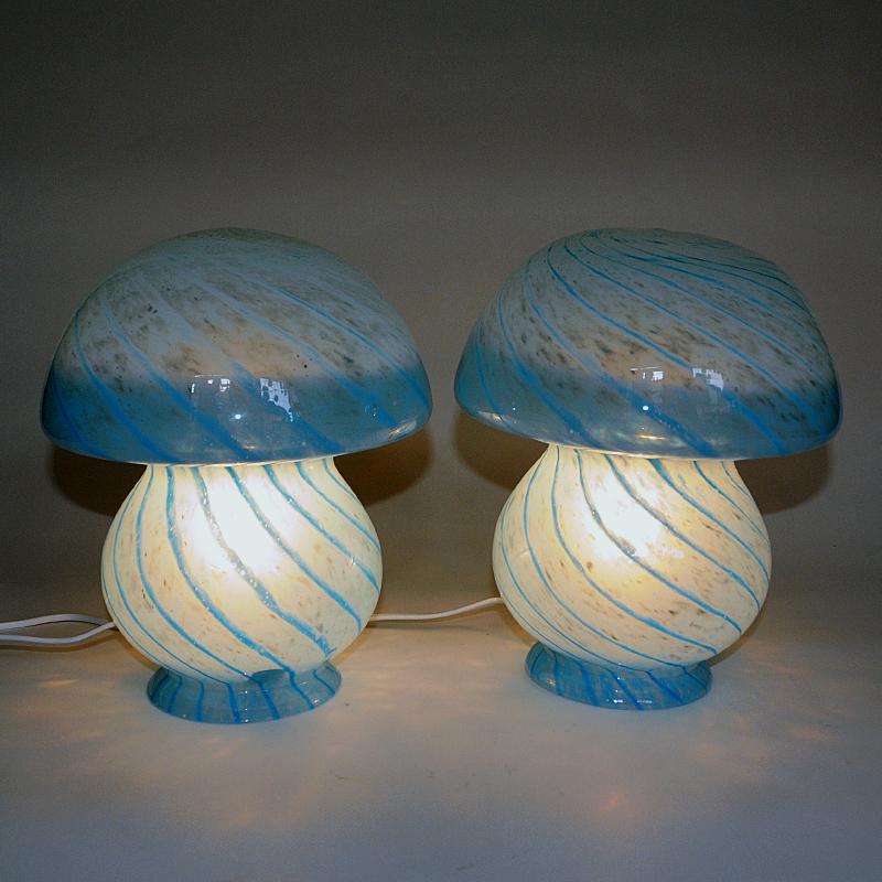 Scandinavian Blue pair of Mushroom glass table lamps 1970s In Good Condition For Sale In Stockholm, SE