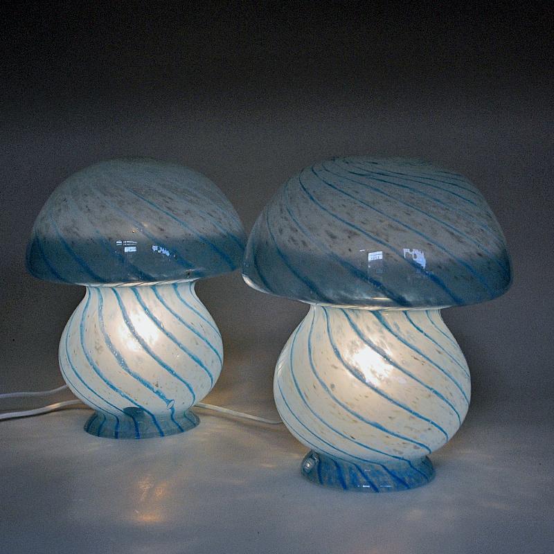 Late 20th Century Scandinavian Blue pair of Mushroom glass table lamps 1970s For Sale