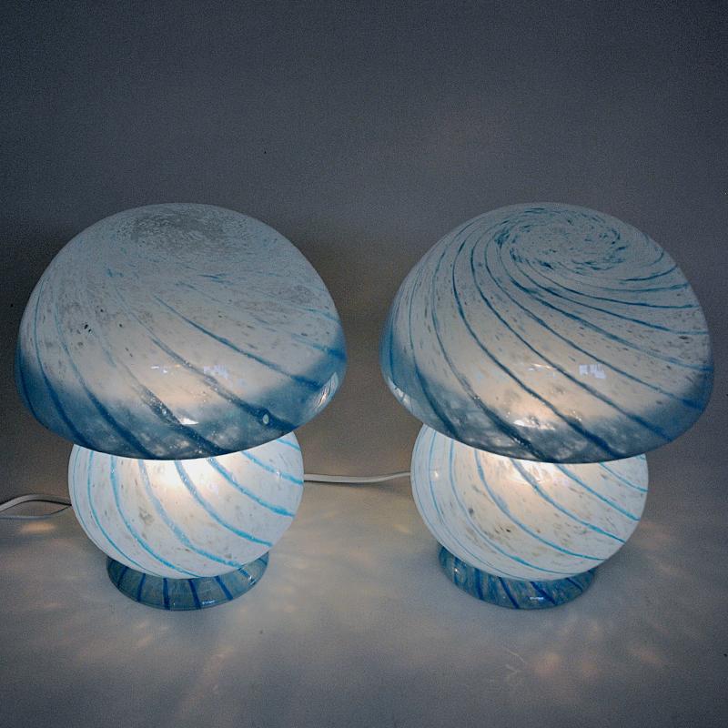 Art Glass Scandinavian Blue pair of Mushroom glass table lamps 1970s For Sale