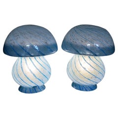 Retro Scandinavian Blue pair of Mushroom glass table lamps 1970s