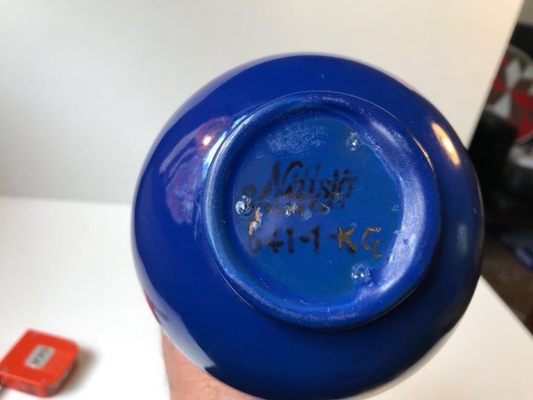 Scandinavian Blue Pottery Vase with Gold Foliage by Jerk Werkmaster for