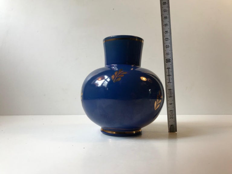 Scandinavian Blue Pottery Vase with Gold Foliage by Jerk Werkmaster for