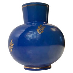 Scandinavian Blue Pottery Vase with Gold Foliage by Jerk Werkmaster for Nittsjö