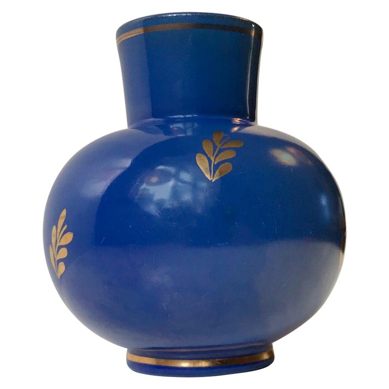 Scandinavian Blue Pottery Vase with Gold Foliage by Jerk Werkmaster for