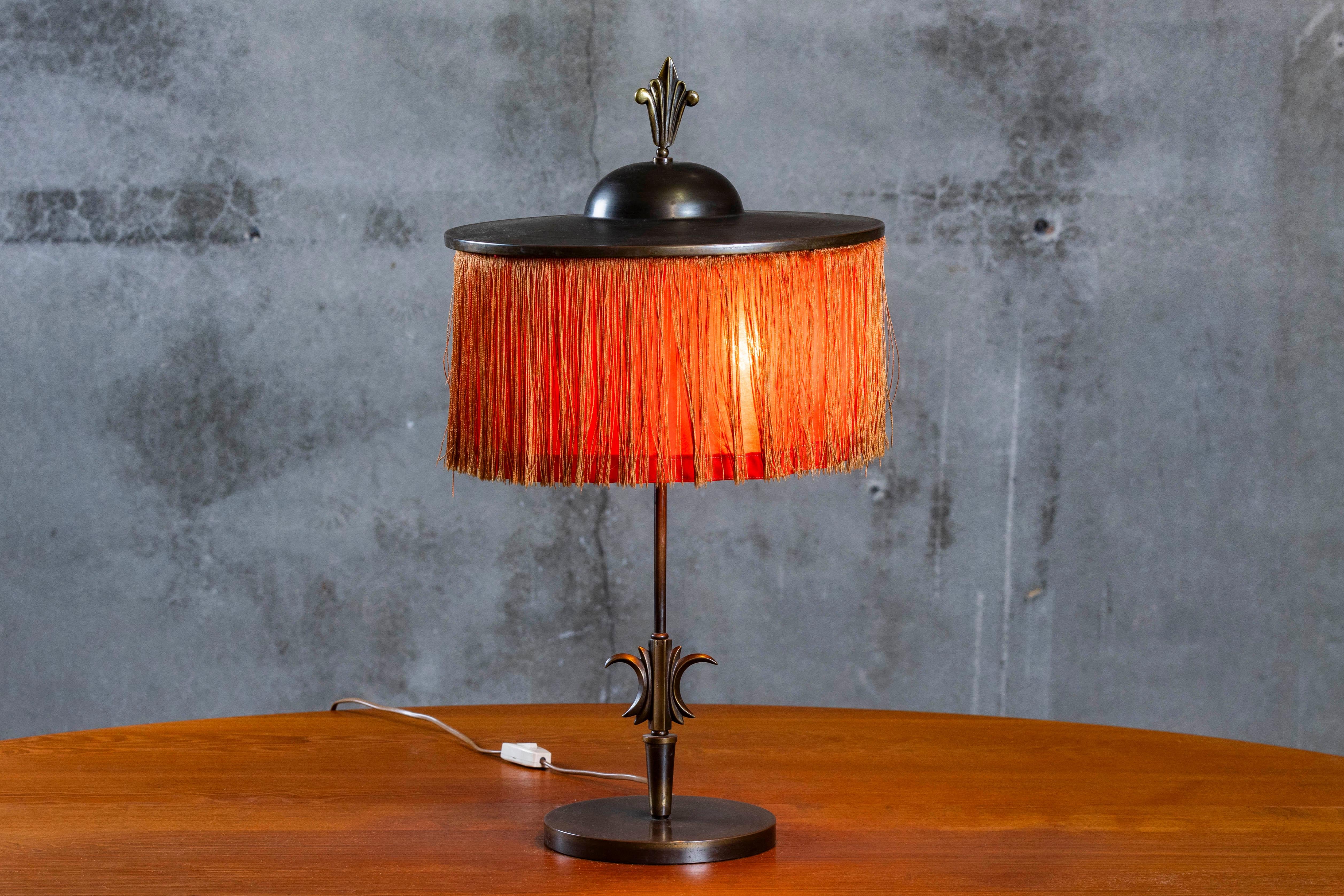Scandinavian bronze table lamp with original tassel shade