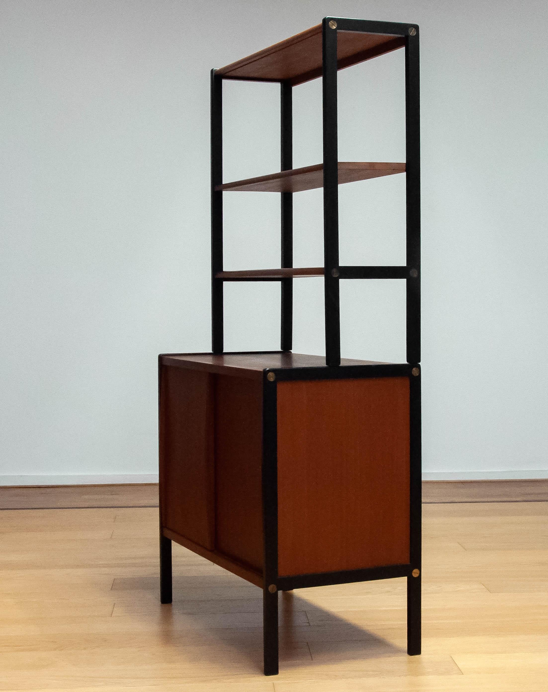 Scandinavian Bookcase In Teak With Black Lacquered Stands By Bertil Fridhagen  1