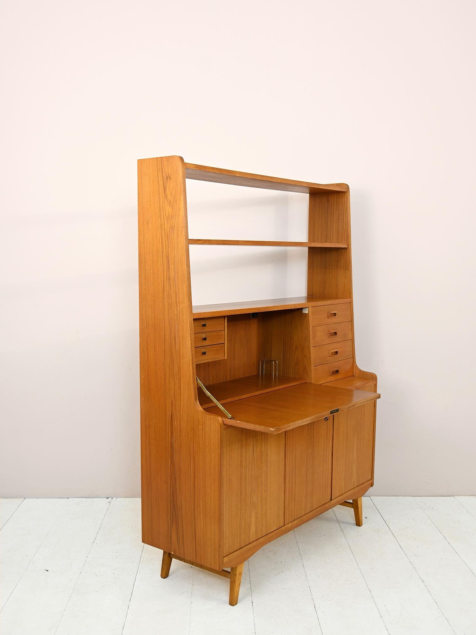 Teak Scandinavian Bookcase with Drop-Down Desk