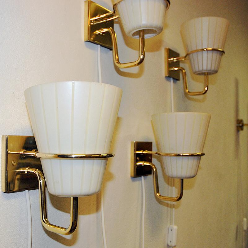 Scandinavian brass and opaline glass wall lamp 1950s, pcs In Good Condition For Sale In Stockholm, SE