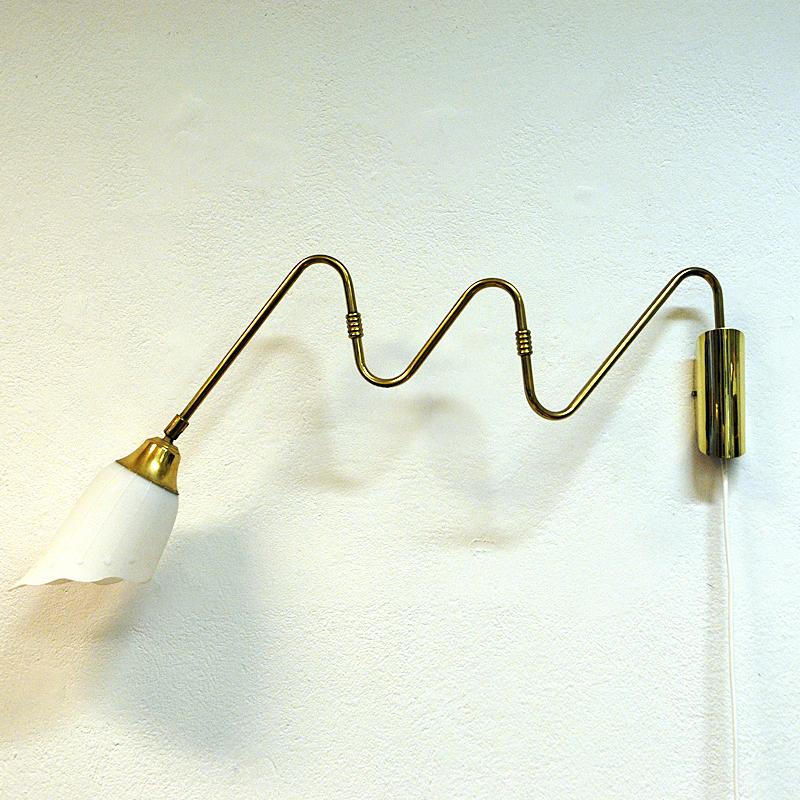 Scandinavian Modern Scandinavian Brass Arm Wall Lamp with Flower Glass Shade, 1950s