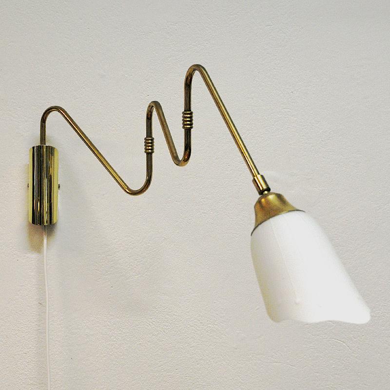 Mid-20th Century Scandinavian Brass Arm Wall Lamp with Flower Glass Shade, 1950s