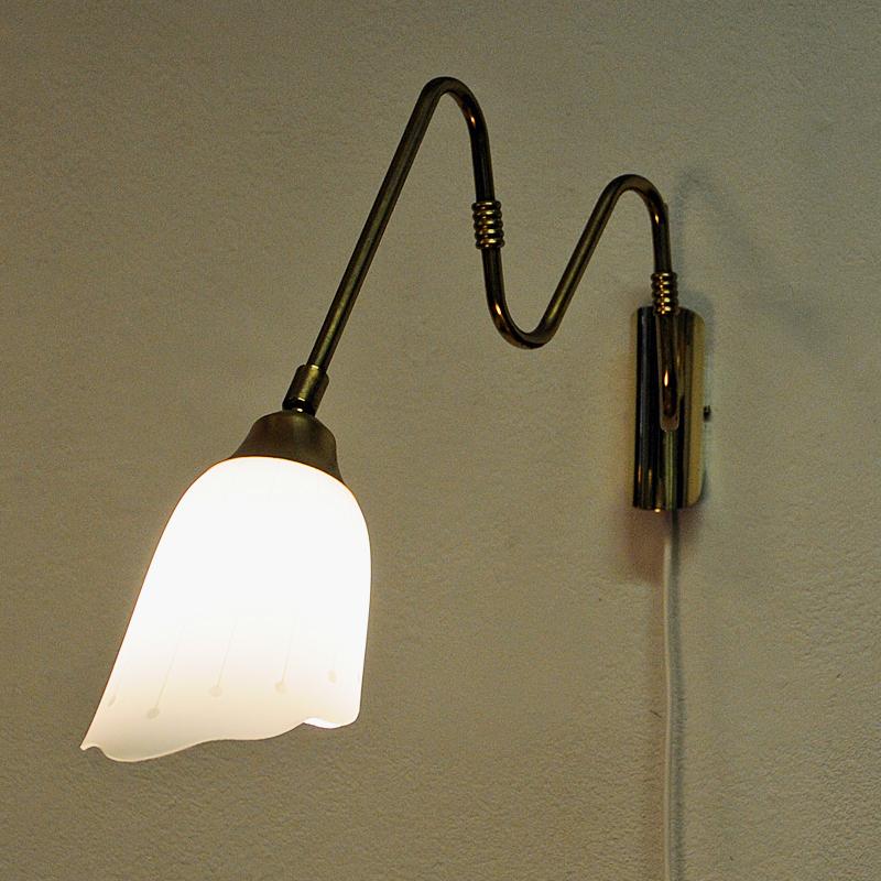 Scandinavian Brass Arm Wall Lamp with Flower Glass Shade, 1950s 1