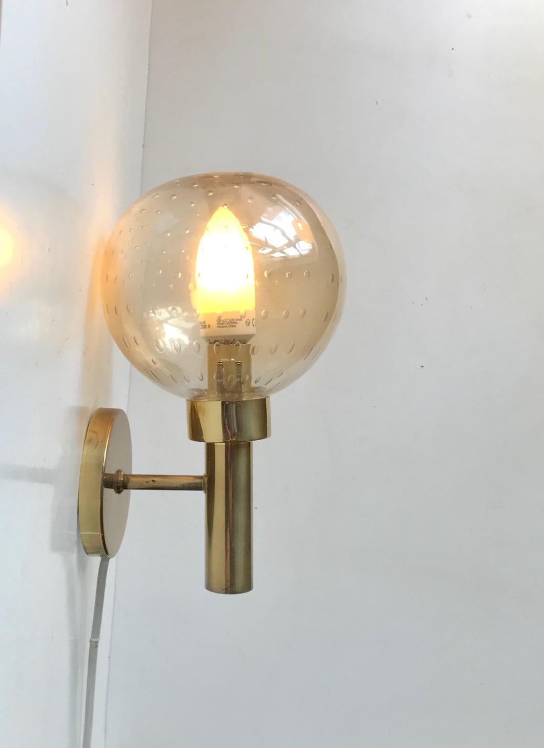 Danish Scandinavian Brass & Bubble Art Glass Wall Sconce by Vitrika, 1970s For Sale