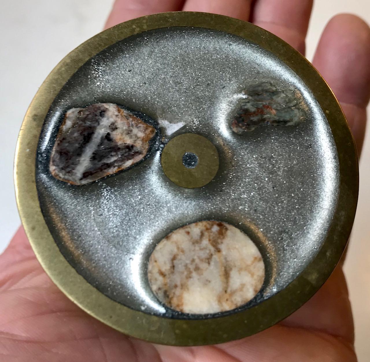 Mid-Century Modern Scandinavian Bronze Snuff Box, Trinket with Inlaid Minerals Samples, 1950s For Sale