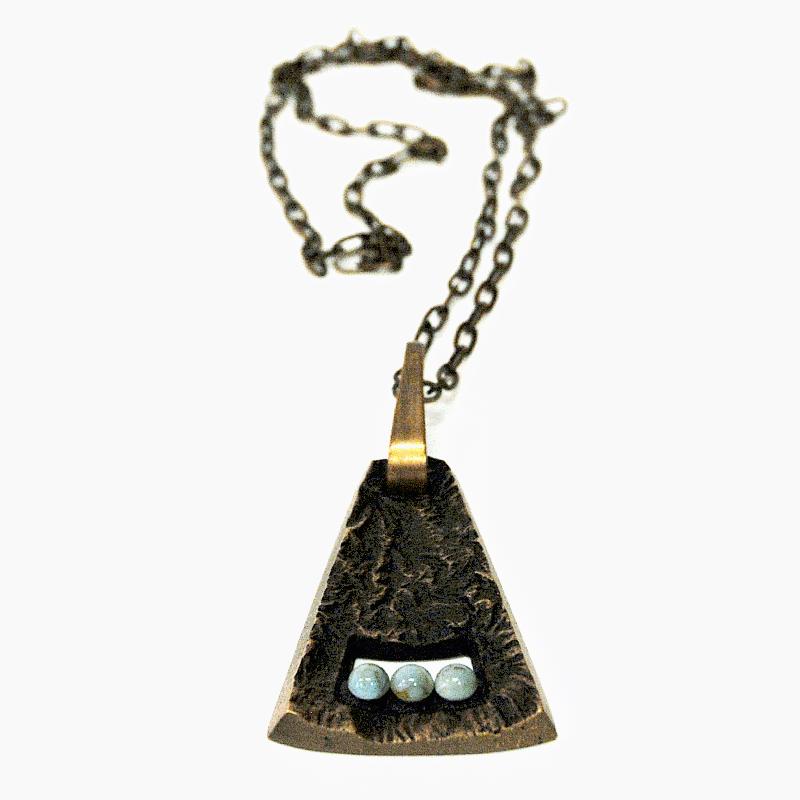 Women's Scandinavian bronze triangle shaped pendant with stones 1970s