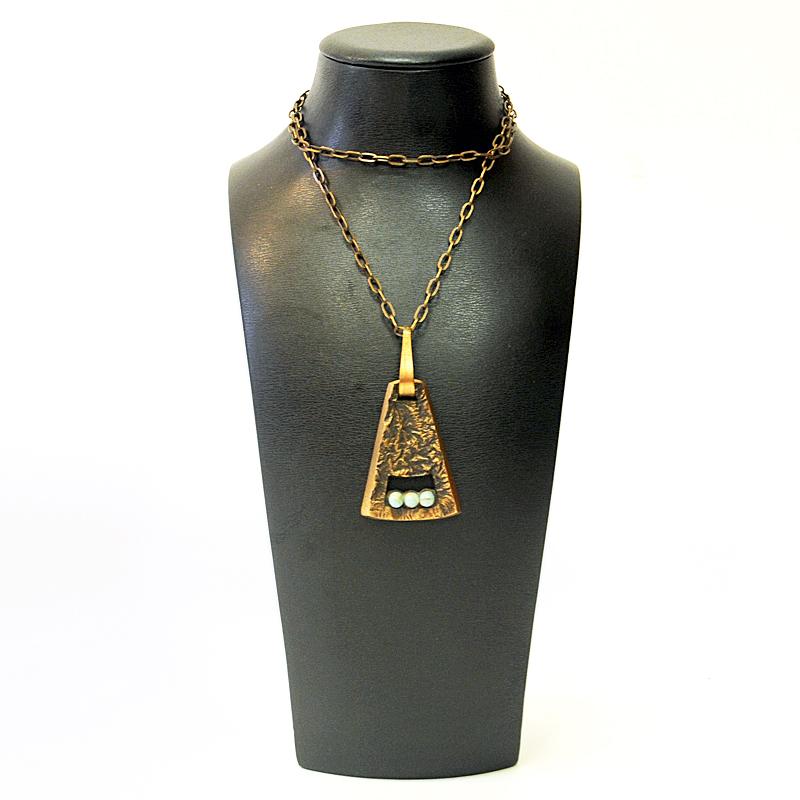 Scandinavian bronze triangle shaped pendant with stones 1970s 2