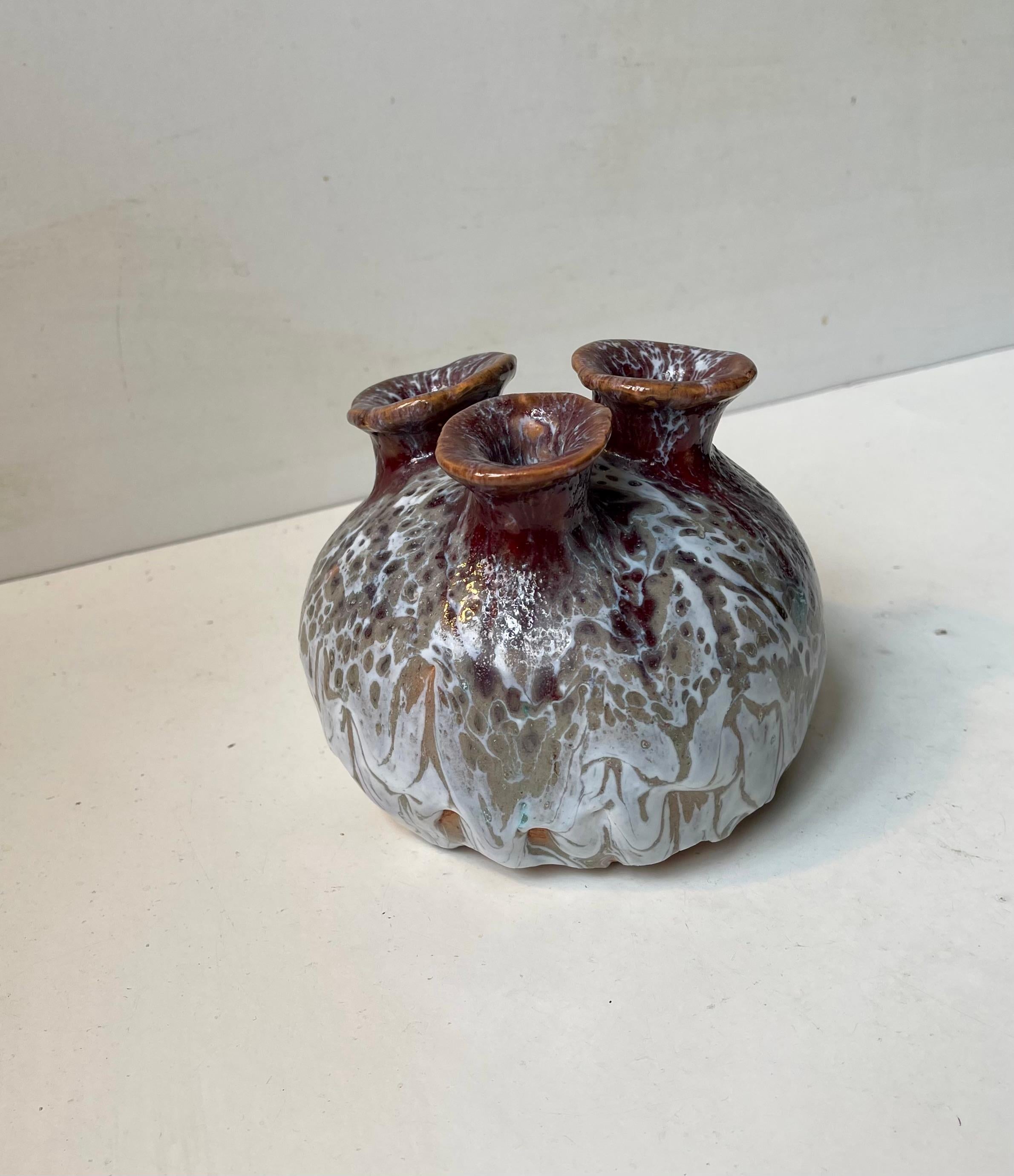 Scandinavian Brutalist Glazed 3-neck Stoneware Vase, 1970s In Good Condition For Sale In Esbjerg, DK