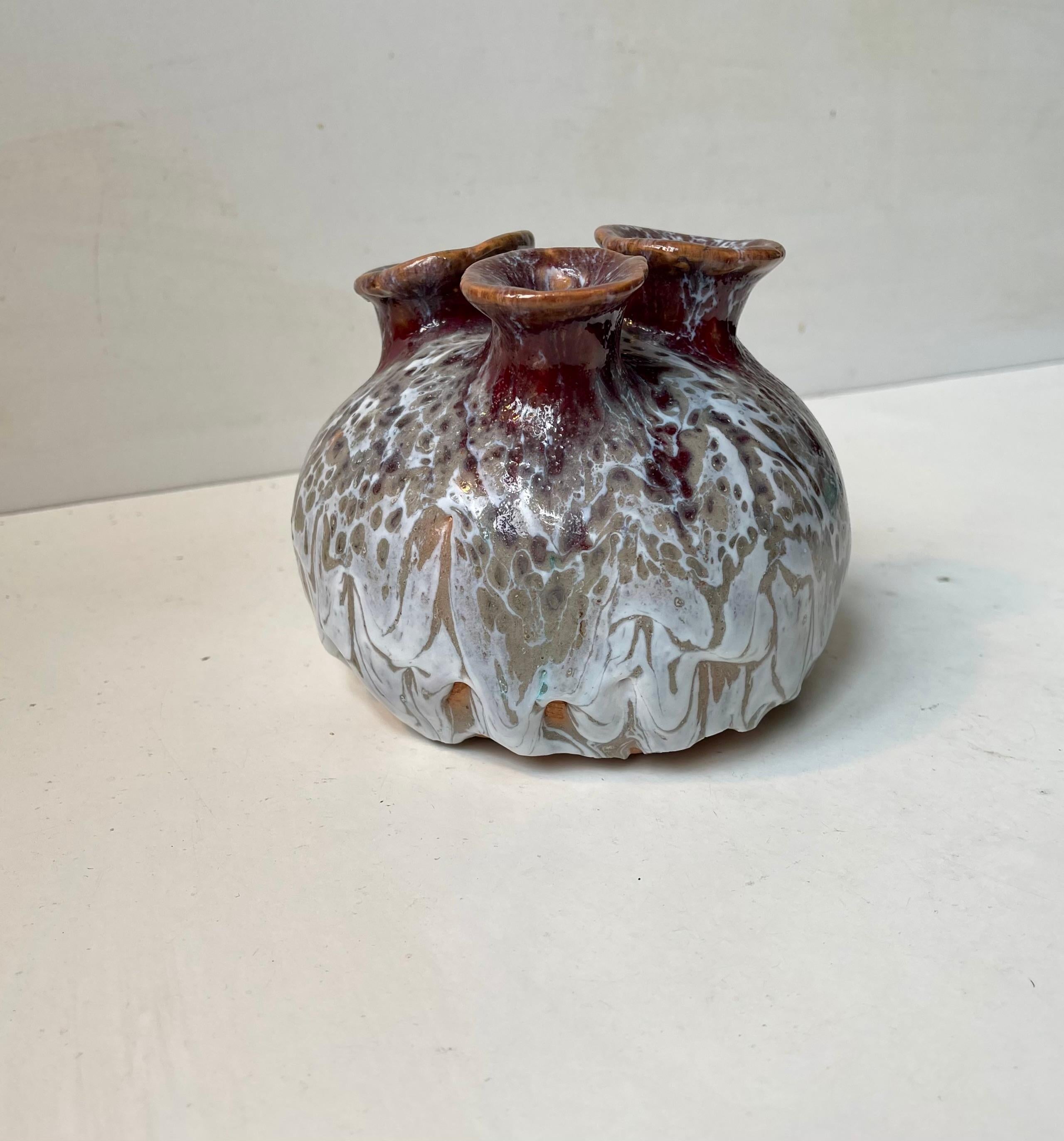 Late 20th Century Scandinavian Brutalist Glazed 3-neck Stoneware Vase, 1970s For Sale