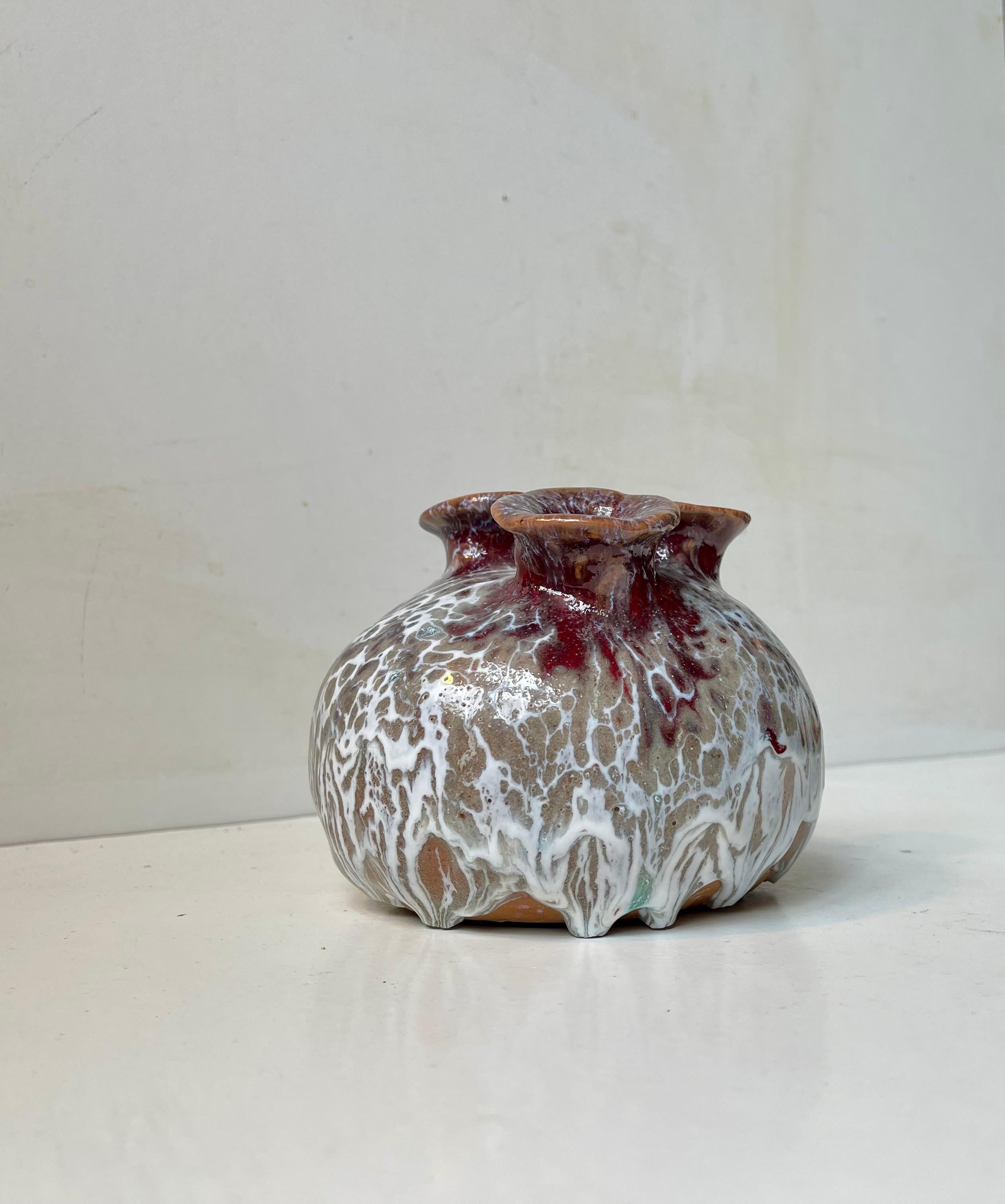 Scandinavian Brutalist Glazed 3-neck Stoneware Vase, 1970s For Sale 2