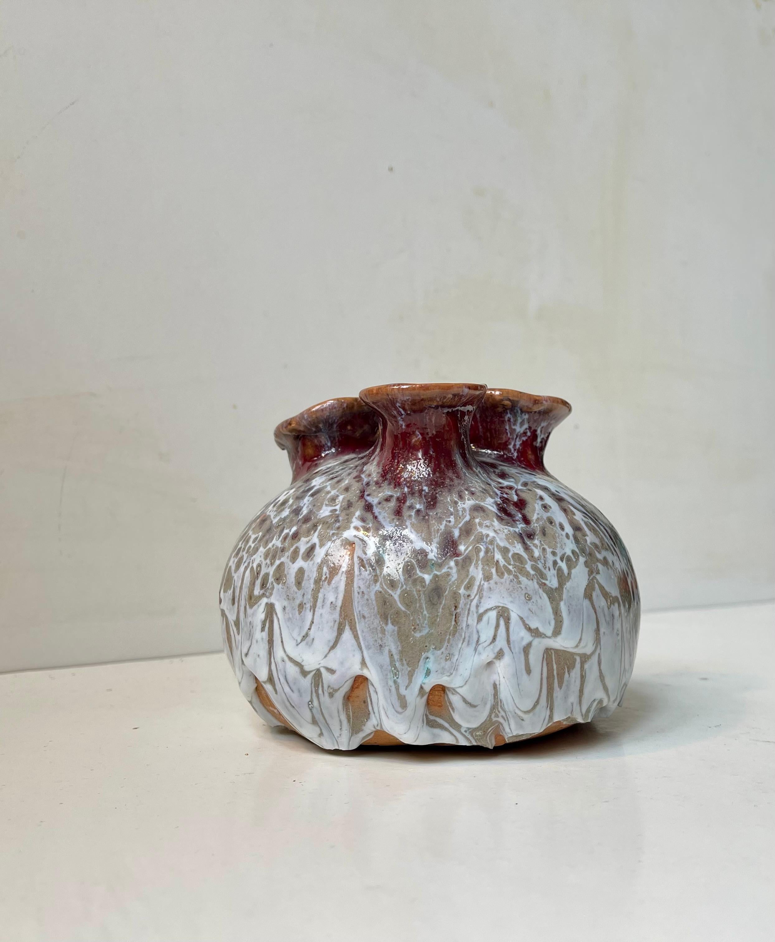 Scandinavian Brutalist Glazed 3-neck Stoneware Vase, 1970s For Sale 3