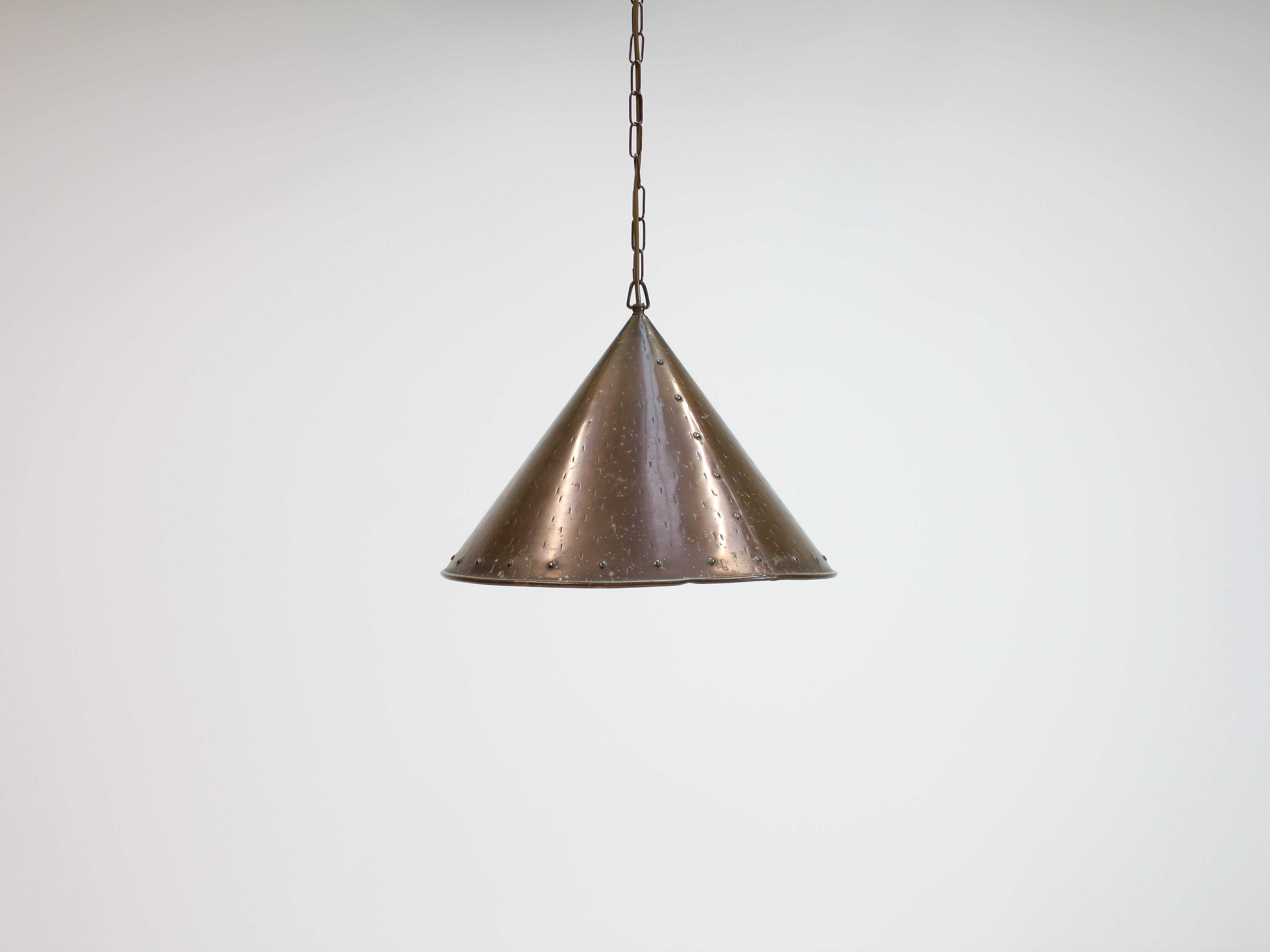Mid-Century Modern Scandinavian Brutalist Handcrafted Danish Conical Copper Pendant, 1960s
