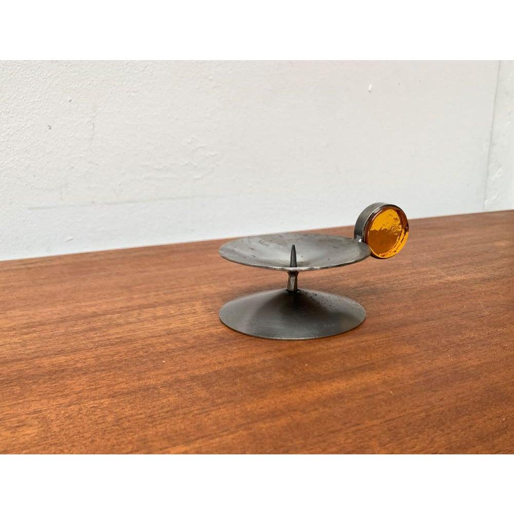 Scandinavian Brutalist Metal and Glass Candleholder by Gunnar Ander for Ystad, 1960s, in Very Good conditions. Designed 1960 to 1969 official proof of authenticity such as vintage catalogs, designer records.

Additional information:
Materials: