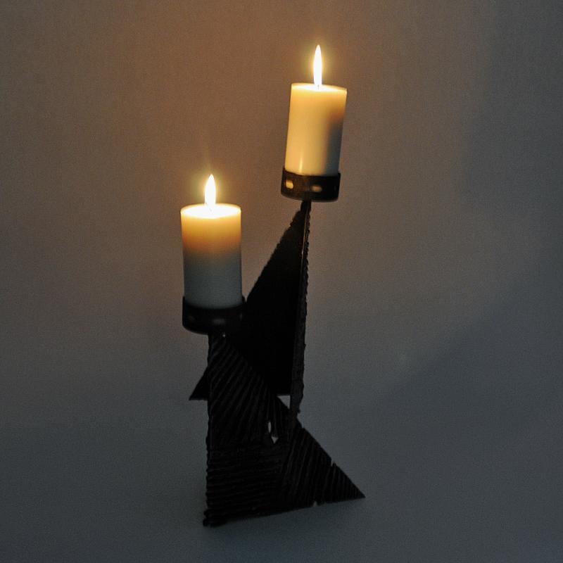 Scandinavian Brutalist Metal Candleholder for Two Candles 1970s 4