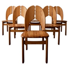 Sedie da pranzo scandinave brutaliste in pino con schienale scultoreo, anni '70, set di 6